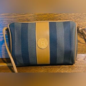 Vtg Striped Black and Tan Crossbody Bag